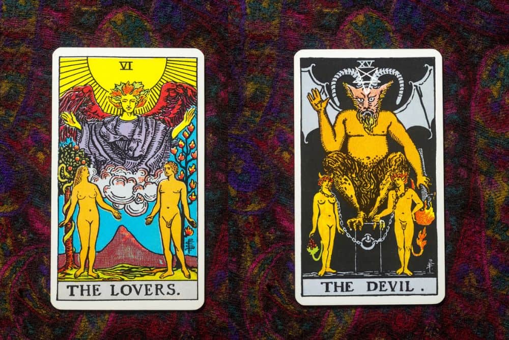 The Devil &Amp; The Lovers Tarot Cards On Vintage Canvas
